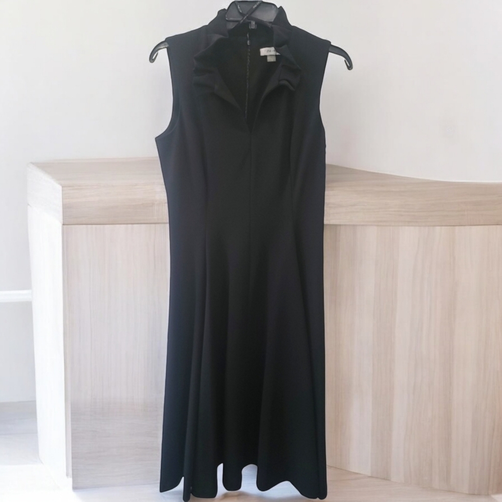 Calvin Klein Black V Neck Dress With Rouched Neck,  NWT, Size 10